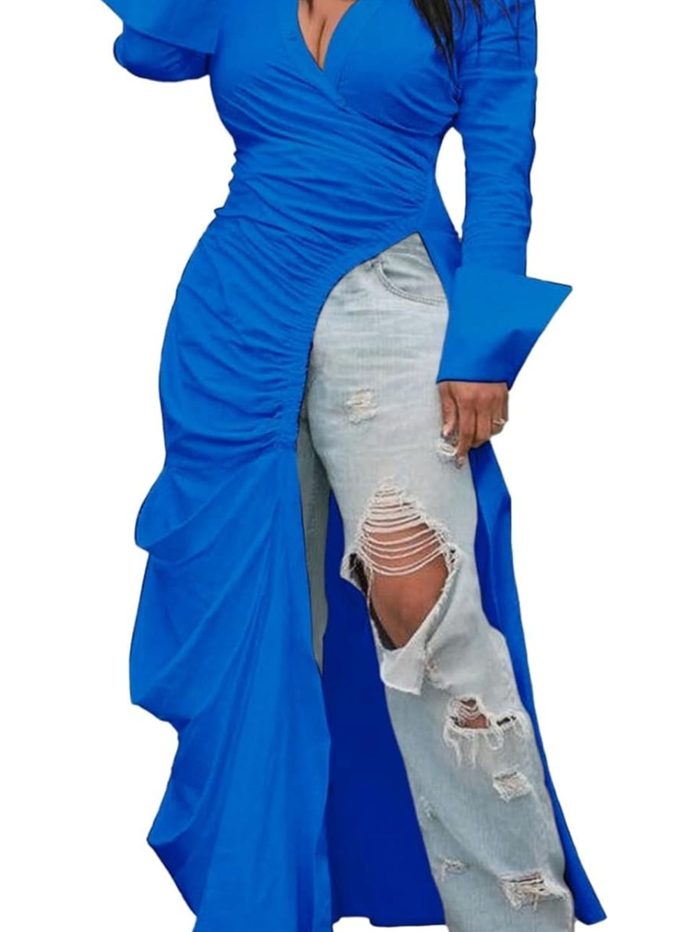 Asymmetric Royal Blue Ruched Maxi Tunic